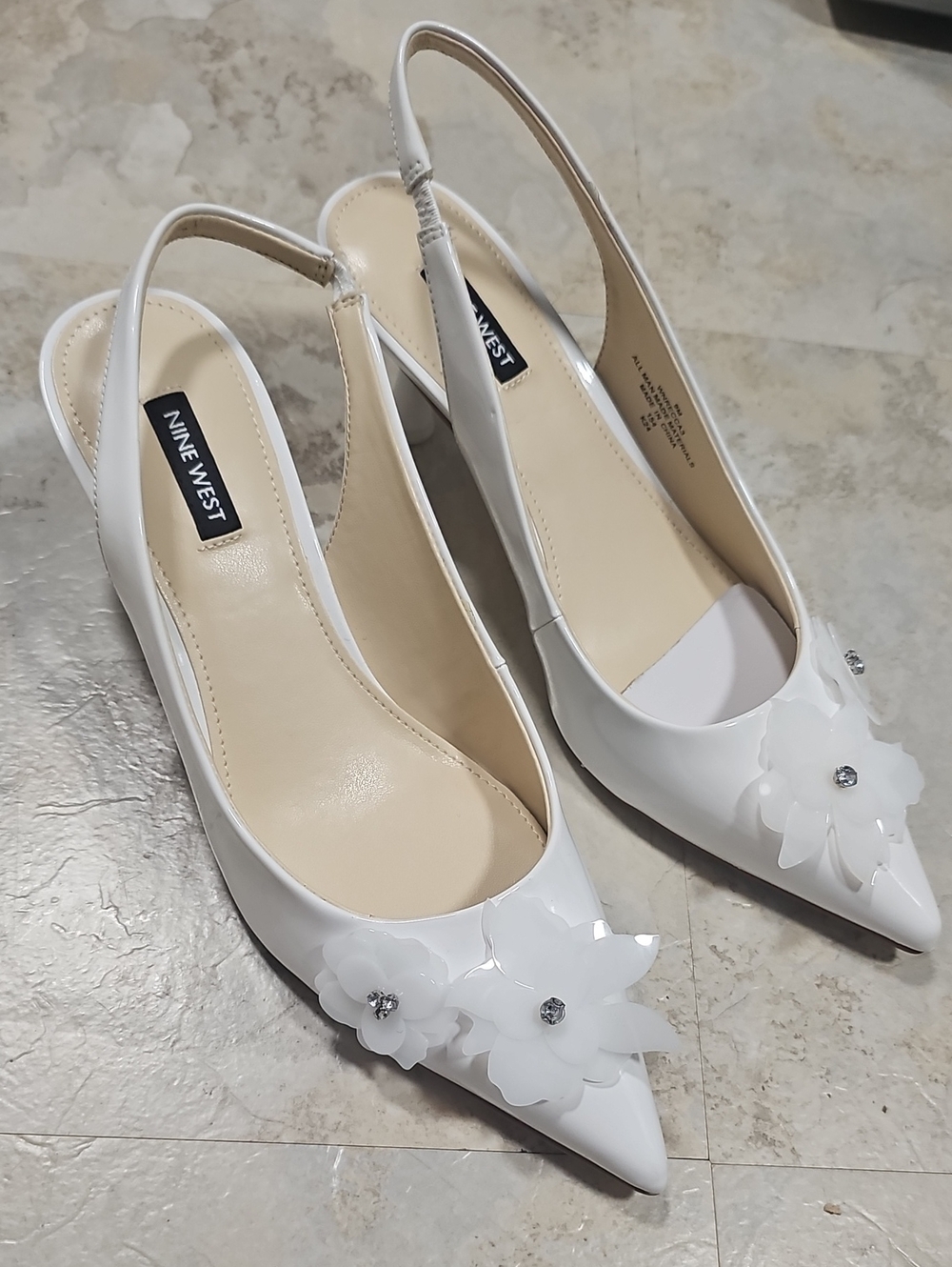 Nine West White Pointed-Toe Slingback Heels with Floral Appliqués